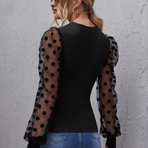 Sheer long sleeve polka dot blouse - BLACK - Picture 5 of 5